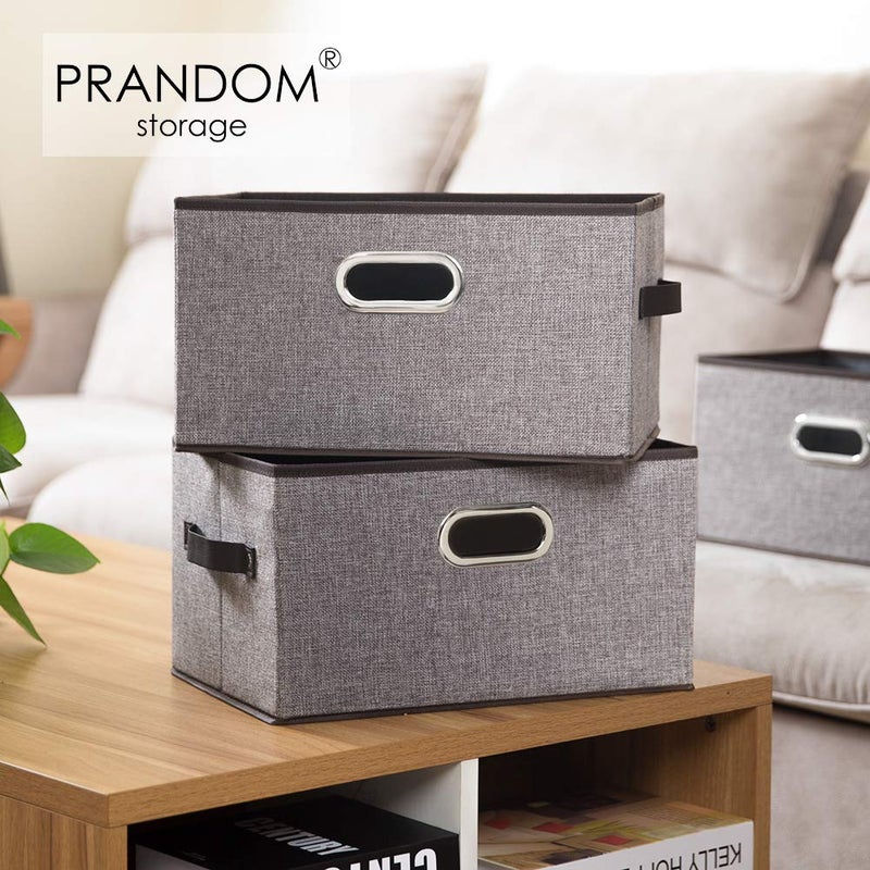 PRANDOM Large Foldable Storage Bins for Shelves [3-pack] Decorative Linen Fabric Storage Baskets Cubes with Leather/Metal Handles for Closet Nursery Office Grey and Black Trim (14.9x9.8x8.3 Inch) - Image 2
